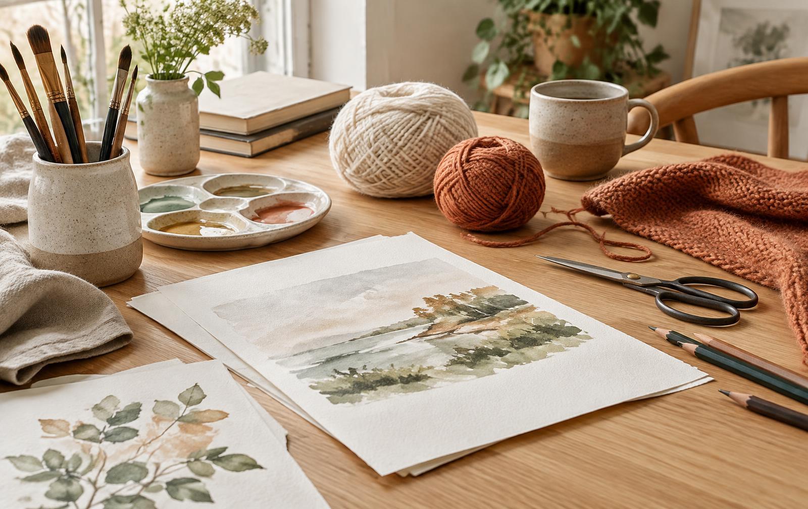 Art materials, paper, yarn, brushes and craft tools on a wooden worktable
